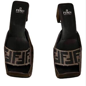 Fendi Black and Brown Logo Zucca Mules